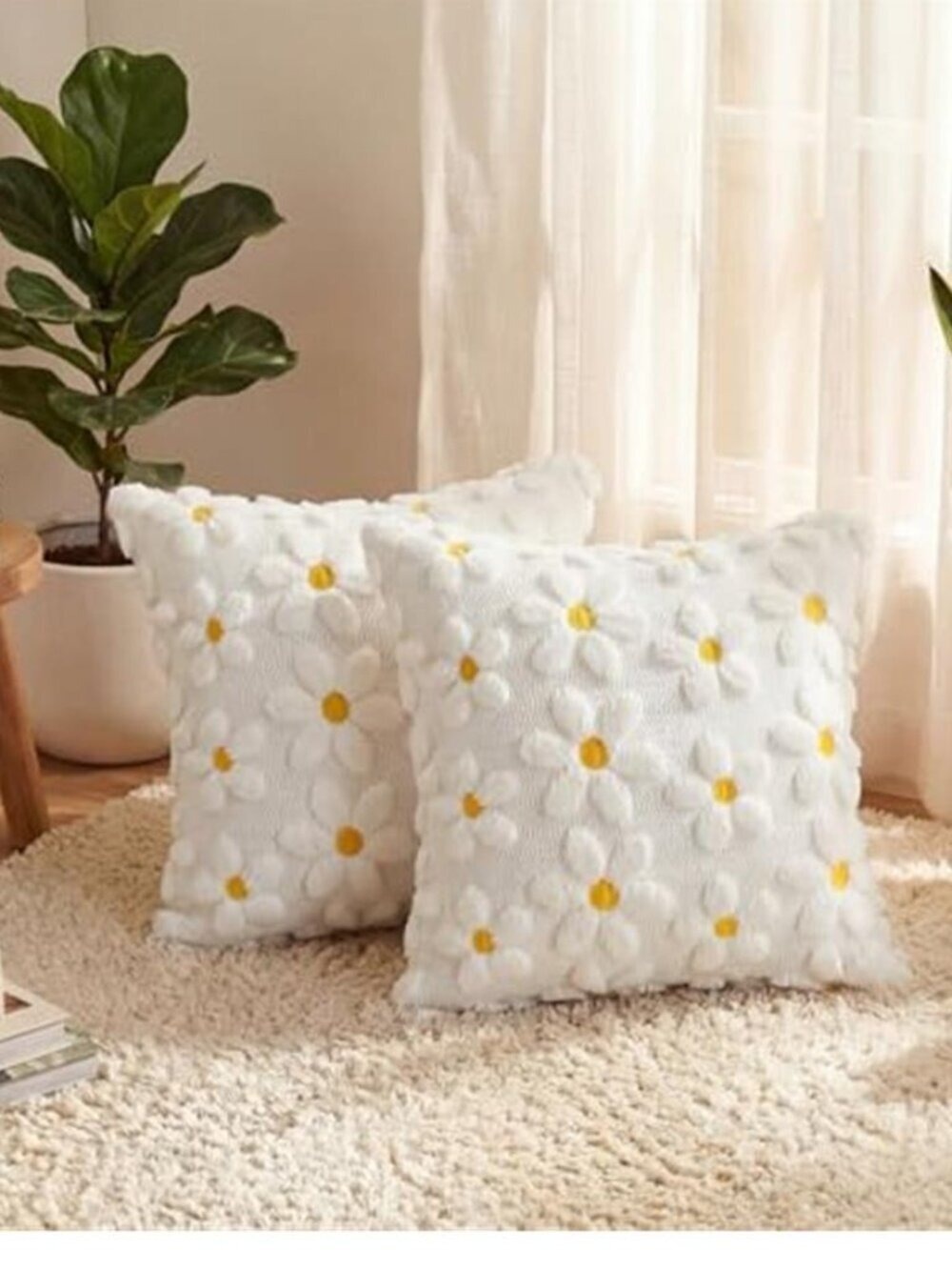 Spring Summer Cream White Daisy Throw Pillow Covers Set of 2, 18x18